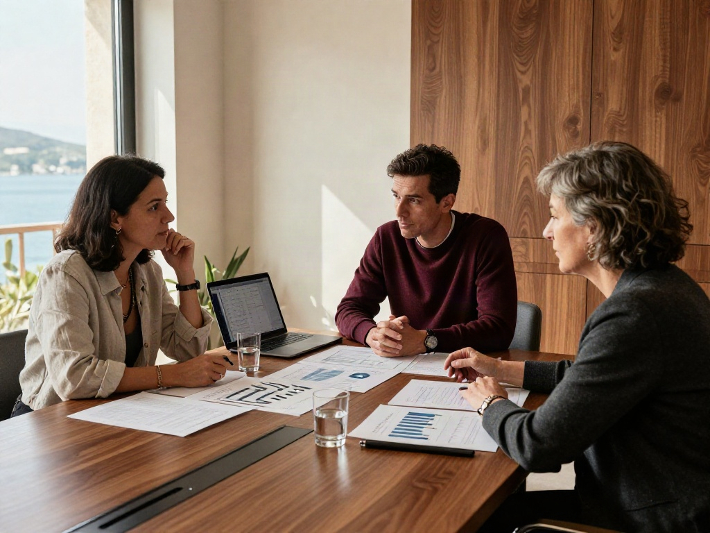 Consulting team reviewing business charts and strategic priorities around a meeting table